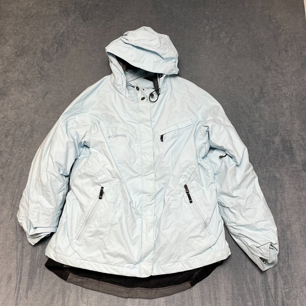 Columbia Interchange Ski Jacket Womens XL Blue Hooded Zip Pockets Logo Winter